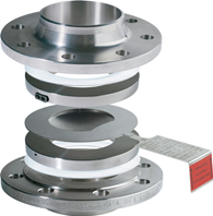 Reverse buckling bursting disc in holder between flanges